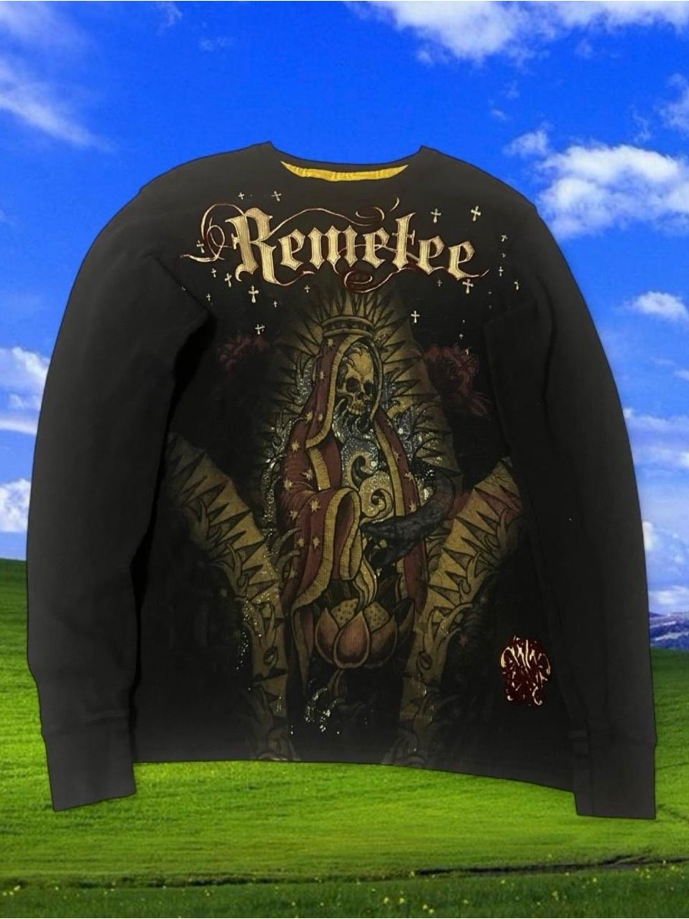 Remetee Black Crewneck Sweatshirt with Gold and Red Graphic